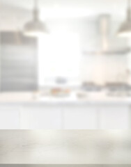 Empty marble desk on blurred kitchen window for product presentation. Stylish marble table top with copy space for your design at blurry kitchen.