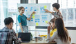 © David - Diverse colleagues collaborative brainstorming at office briefing, Young Business Asian people explaining analysis at the meeting Multiethnic startup work.