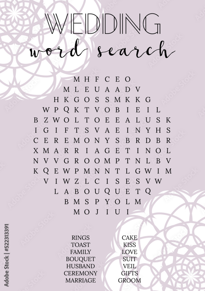 Wedding word search puzzle. Bridal shower crossword, trivia, activity card. Engagement, bachelorette party printable. Words can be found vertical, horizontal and diagonal. Stock Vector | Adobe Stock wedding-word-search-puzzle-bridal-shower-crossword-trivia-activity-card-engagement-bachelorette-party-printable-words-can-be-found-vertical-horizontal-and-diagonal-stock-vector-adobe-stock