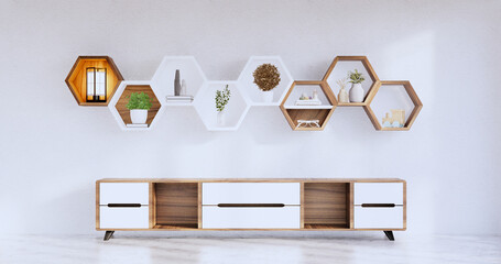 Hexagon wooden shelf japanese on wall background.3D rendering