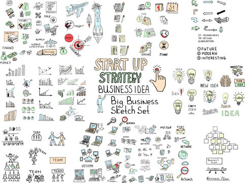 MEGA set of Business icons computer, media, social network, web, communication, mobile; Graph, diagram, approximation, statistics; team, idea, plan, goods. Vector doodle sketch hand drawn illustration