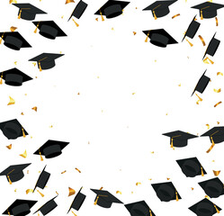Wall Mural - Graduation. Transparent background with realistic flying black degree caps confetti balloons and diplomas. Vector image school and university education banner with gold glitter on white background