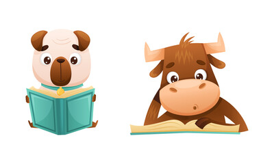 Poster - Cute baby animals reading books set. Bear, calf sitting with book cartoon vector illustration