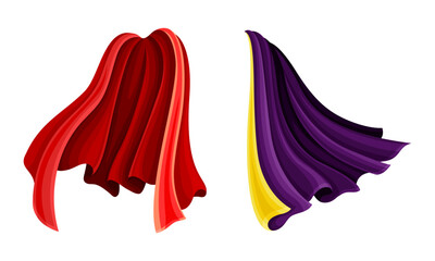 Canvas Print - Red and purple flying capes set. Silk carnival cloak, costume for superhero or vampire cartoon vector illustration