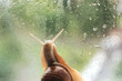 snail crawls on window glass in rain drops