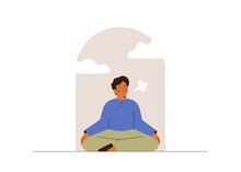 Calm Man Meditating In The Window For Saving Mental Health. Young Male Relaxing In Lotus Posture And Doing Breathing Exercises. Balance, Harmony And Mindfulness Concept. Vector Illustration