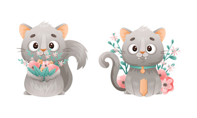 Sticker - Cute kitten with wildflowers set. Lovey grey cat pet animal cartoon vector illustration