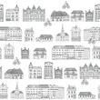 © GooseFrol - Travel Budapest Hungary cute european street with bike and houses vector seamless line pattern