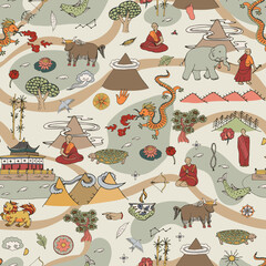 Tibet China travel destination objects vector seamless pattern