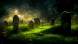 Fototapeta  - 3D illustration of a Halloween concept dark background of a castle and graveyard. Horror background In foggy weather. Happy Halloween