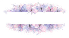 Horizontal Frame, Banner With Delicate Pink And Purple Butterflies. Watercolor Illustration. For Registration And Design Of Certificates, Invitations, Beauty Salons, Logos, Postcards, Posters, Wedding