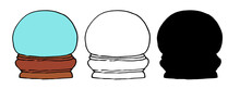 A Set Of Blue Snow Balls. A Hand-drawn Set Of Round Empty Balls On A Brown Wood Stand, Isolated Black Contours And Silhouettes On White