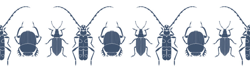 Beetles: scarab, alpine barbel, weevil. Dark grey-blue insect vector silhouettes isolated on white background. Seamless pattern.