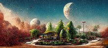 Restaurant On The Moon Far Away With Mars Digital Art Illustration Painting Hyper Realistic