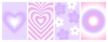 Y2k Blurred Gragient Posters. Heart, Daisy, Flower, Abstract Geometric Shape In Trendy 90s, 00s Psychedelic Style. Holographic Vector Background. Lilac, Pink Pastel Colors.