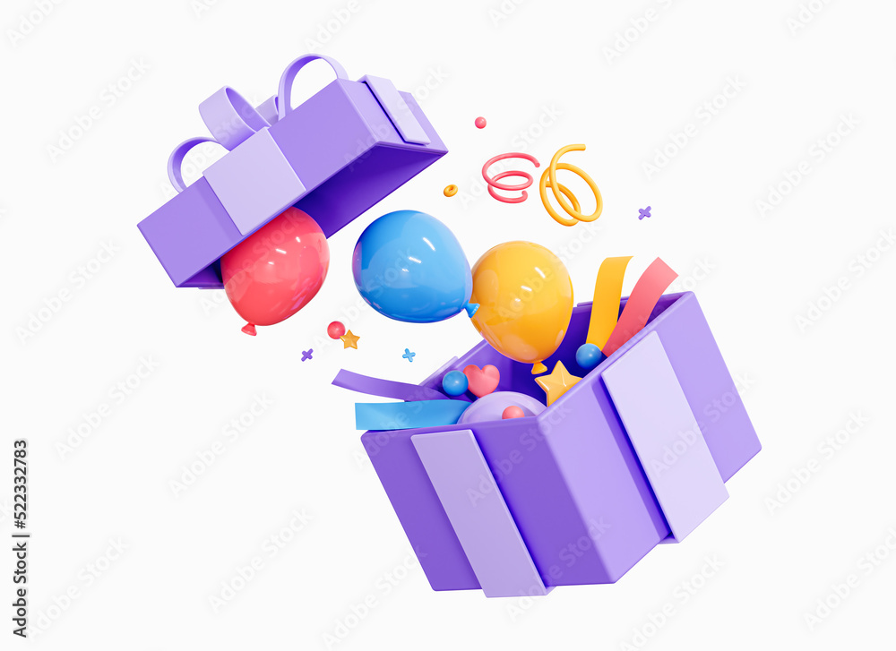 3D Open gift box with falling balloons and party confetti. Birthday ...