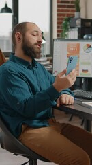 Poster - business man holding smartphone to talk on video call with manager about project planning and strate