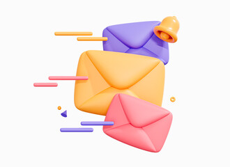 Fototapete - 3D Send letters in envelopes. Mail notification. Bell notice. Email message concept. Email newsletter with letter paper. Cartoon creative design icon isolated on white background. 3D Rendering