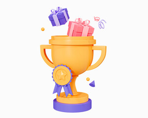 Wall Mural - 3D Trophy cup with floating gift boxes and award medal. Winner with prize and golden cup. Business success concept. Cartoon creative design icon isolated on white background. 3D Rendering