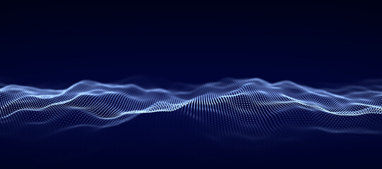 Aufkleber - Wave of particles. Big data visualization. Abstract background with a dynamic wave. 3d rendering.