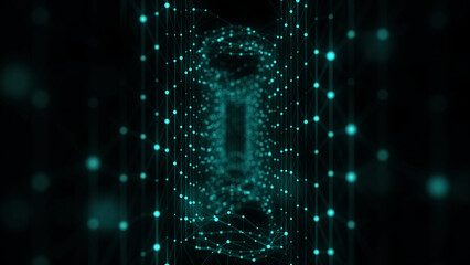 Poster - Abstract 3d portal. Square tunnel or wormhole. Digital background with connected green dots. 3d rendering.
