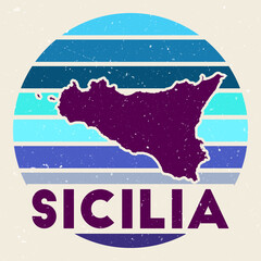 Wall Mural - Sicilia logo. Sign with the map of the island and colored stripes, vector illustration. Can be used as insignia, logotype, label, sticker or badge of Sicilia.