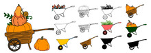 A Set Of Wheelbarrows. A Collection Of Wooden And Modern Wheelbarrows With Bright Berries, Pumpkins And Grass Inside. Hand-drawn Doodle In Wheelbarrow Style Black Outline Silhouette Isolated Design Pa