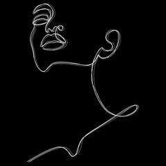 Wall Mural - Minimalist silhouette of woman face. Black and white. Black background. Face line art. One line drawing.