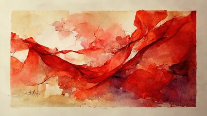 Wall Mural - red watercolor with abstract shapes and forms on yellow, brown paper. water paint texture, water spl