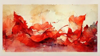 Wall Mural - red watercolor with abstract shapes and forms on yellow, brown paper. water paint texture, water spl
