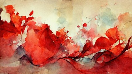 Wall Mural - red watercolor with abstract shapes and forms on yellow, brown paper. water paint texture, water spl