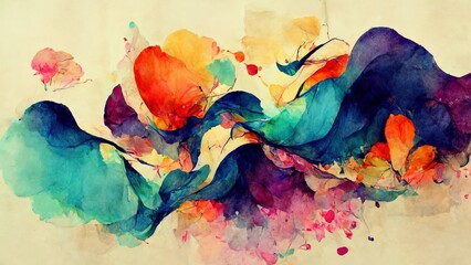 Wall Mural - colorful watercolor with abstract shapes and forms on yellow, brown paper. water paint texture, wate