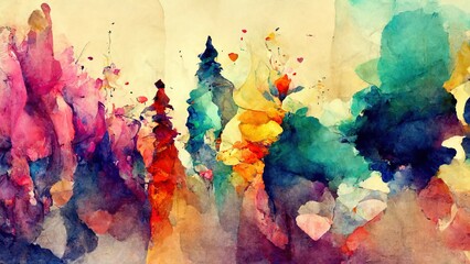Wall Mural - colorful watercolor with abstract shapes and forms on yellow, brown paper. water paint texture, wate