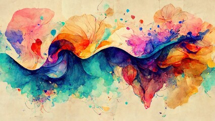 Wall Mural - colorful watercolor with abstract shapes and forms on yellow, brown paper. water paint texture, wate