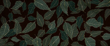Dark Art Background With A Pattern Of Tree Leaves In A Golden Line Style. Hand Drawn Botanical Banner For Textile Design, Wallpaper, Decor, Print, Packaging.