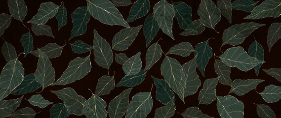 Dark art background with a pattern of tree leaves in a golden line style. Hand drawn botanical banner for textile design, wallpaper, decor, print, packaging.