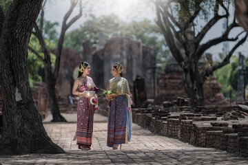 Beauty fantasy Thai women. Beautiful Thai girl in traditional dress costume ,Ayutthaya, Thailand. Asian women wearing traditional Thai culture, vintage style, Thai. Asia woman wearing traditional.