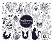 Halloween vector icons set. Autumn holiday symbols -  pumpkin, black cat, bat, spider web, witch potion, magical elements. Cartoon doodle isolated on white. Sketch for seasonal decorations