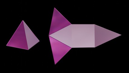 Origami pyramid unfolding. Pyramidal shape unfolds. 3d Origami tetrahedron  unfolding into flat object , polygon pieces.  3d render illustration