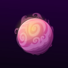 Poster - Space planet with air vortices, vector galaxy fantasy globe with swirls in atmosphere. Glowing pink sphere with whirls, isolated ui game object, comet, meteor in universe. Fantastic object in cosmos