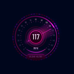 Aufkleber - Futuristic car neon speedometer gauge dial. Vehicle odometer indicator, motorbike or automobile speed meter vector counter or speedometer display with violet gauge scale and glowing neon arrow
