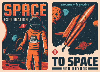 Poster - Space exploration. Astronaut and spaceship retro vector posters. Galaxy spaceflight, solar system planets research vintage flyer with astronaut in spacesuit, rover on Mars and shuttle spacecraft