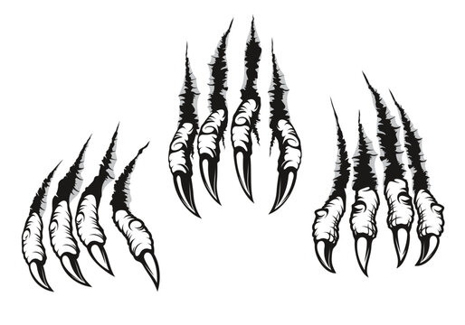Dragon claw marks scratches, monster or wild beast animal torn cracks. Wolf monster or werewolf and dragon claw or paw isolated vector scratches with sharp fissures and damaged breaks