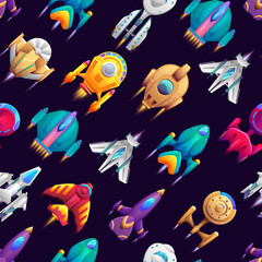 Poster - Cartoon galaxy space starships vector seamless pattern background. Kids fantasy galactic rocket shuttles and cosmic spaceships in space, alien UFO spacecrafts and starcrafts pattern