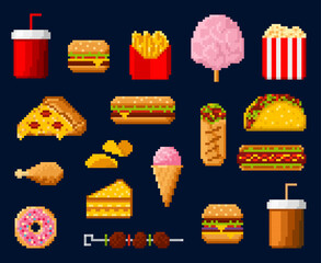 Poster - Retro 8bit pixel art takeaway fast food, drinks and dessert icons. Pixel game pictograms of soda, hamburger and french fry, pizza, hot dog and chips, cake, ice cream and coffee, burrito, barbecue