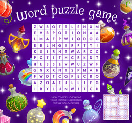 Aufkleber - Magic potion bottles word search puzzle quiz game worksheet. Vector witchcraft word maze, riddle or grid puzzle game with cartoon bottles of witch potion, fairy elixir, magic spell and essence