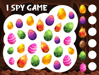 Poster - Cartoon dinosaur eggs in cave, vector I spy game memory riddle or maze worksheet. Counting education game worksheet with colorful dinosaur or dragon eggs, t-rex or triceratops dino