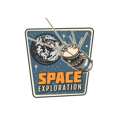Poster - Space exploration icon. Planets and stars exploration vintage emblem, astronomy science program retro badge or aerospace mission vector icon with Earth planet, stars and artificial satellite