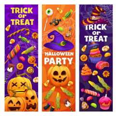 Wall Mural - Halloween holiday banners of cartoon Halloween sweets and candies with witch hat and cobweb. Vector horror night pumpkin lanterns, cakes or cupcakes, candy corn, witch finger cookies and lollipops