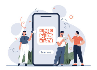 Poster - Scanning qr code. Modern technologies and promotion on Internet, convenient links. Men and girls at smartphone. Gadgets and devices, interesting content, marketing. Cartoon flat vector illustration